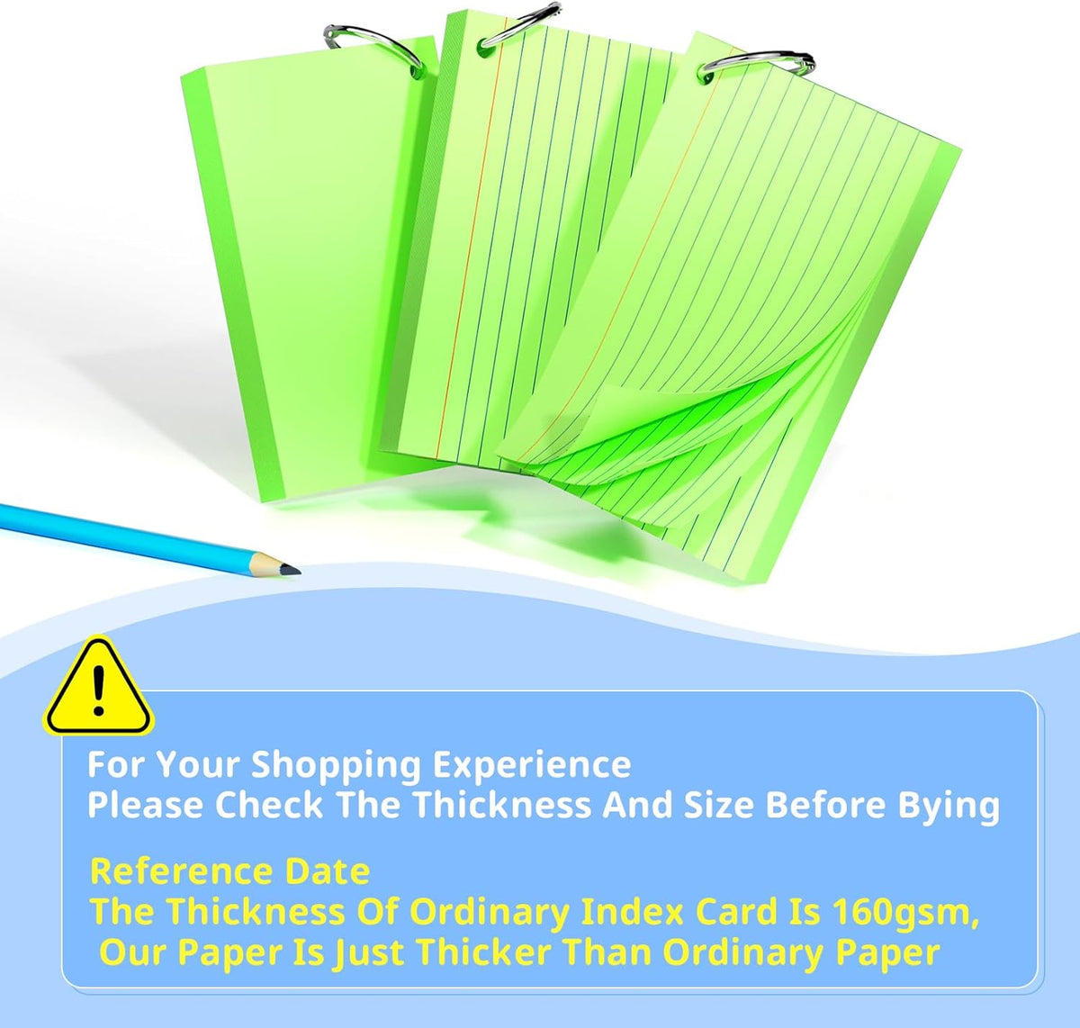 Index Cards 3x5 Inches, 300 PCS, Green Flash Cards With Ring, Punched Lined Study Card Ruled Flashcards Notecards, Ruled Front And Blank Back, Note Card for School, College And Home
