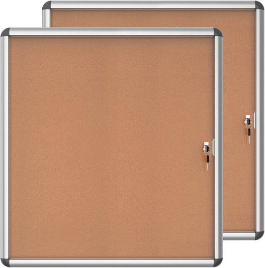 2 Pack 28"x26" Enclosed Bulletin Board, Lockable Weather-Resistant Aluminum Cork Noticeboard for School & Office, Silver Frame w/Cork