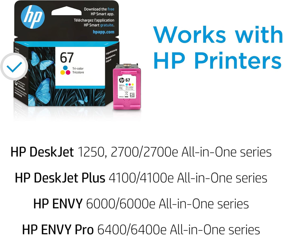 HP 67 Tri-Color Ink Cartridge for HP Printers | Works with DeskJet 1255, 2700, 4100 Series; ENVY 6000, 6400 Series | Eligible for Instant Ink | 3YM55AN