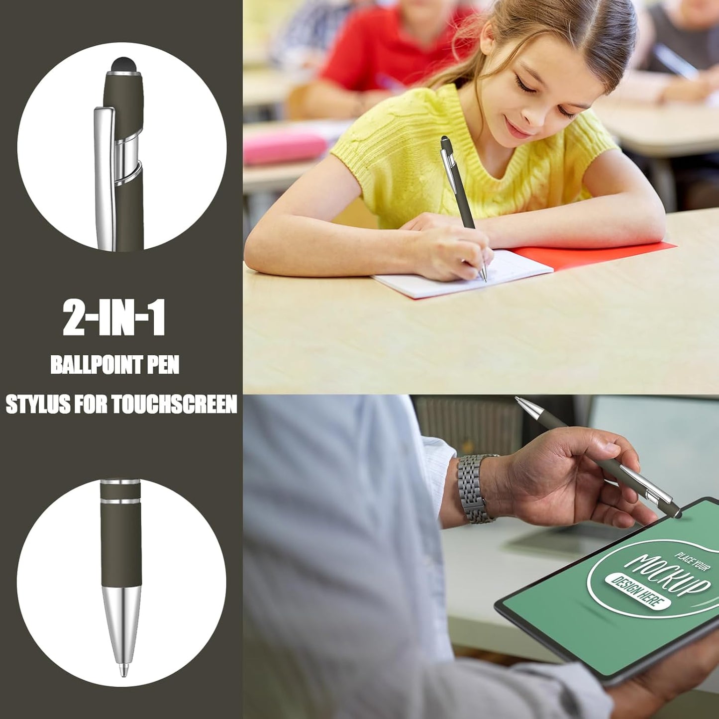 8 Pcs Blue Ink Ballpoint Pen with Stylus Tip 2 in 1 Stylus Ballpoint Pen Metal Pens Stylus Pen for Touch Screens School Office Coworkers (Coffee)