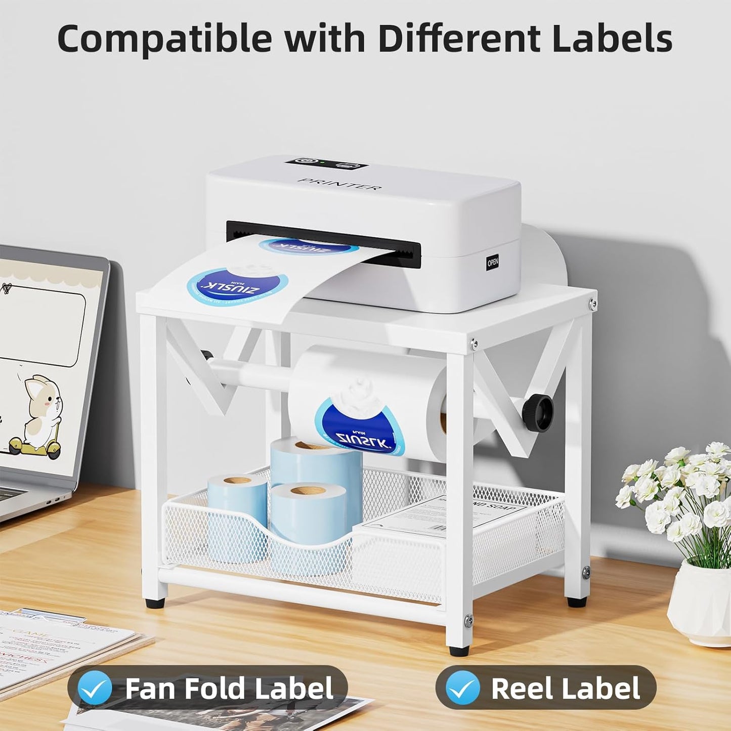 Marbrasse Label Holder for Rolls and Fanfold Labels, Metal Thermal Label Printer Holder with Drawer, Shipping Label Stand, Sticker Roll Holder for Home, Office, Small Business,White