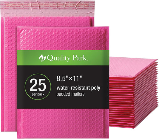 Quality Park Bubble Mailers, 8.25 x 11 Shipping Envelopes, Water Resistant Pink Poly Padded Envelopes, Redi-Strip Peel Off Closure, 25/Box (QUA85861)