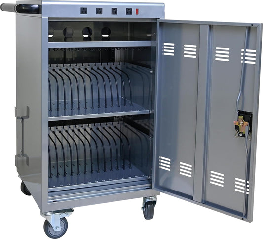 36 Device Charging Cart, Laptop and Tablet Storage Cart, Holds Up to 16.3" with Cord Management, Front and Rear Door Locks, Classroom or Office Charging Cabinet.Silver with 4 Position Power Strip