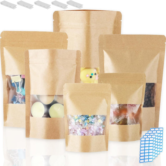 150 Kraft Mylar Bags for Food Storage 6X9 Mylar Bags with Window Candy Packaging Resealable Bags Reclosable Small Stand Up Pouches Edible Packaging, Kraft Paper Bags for Small Business