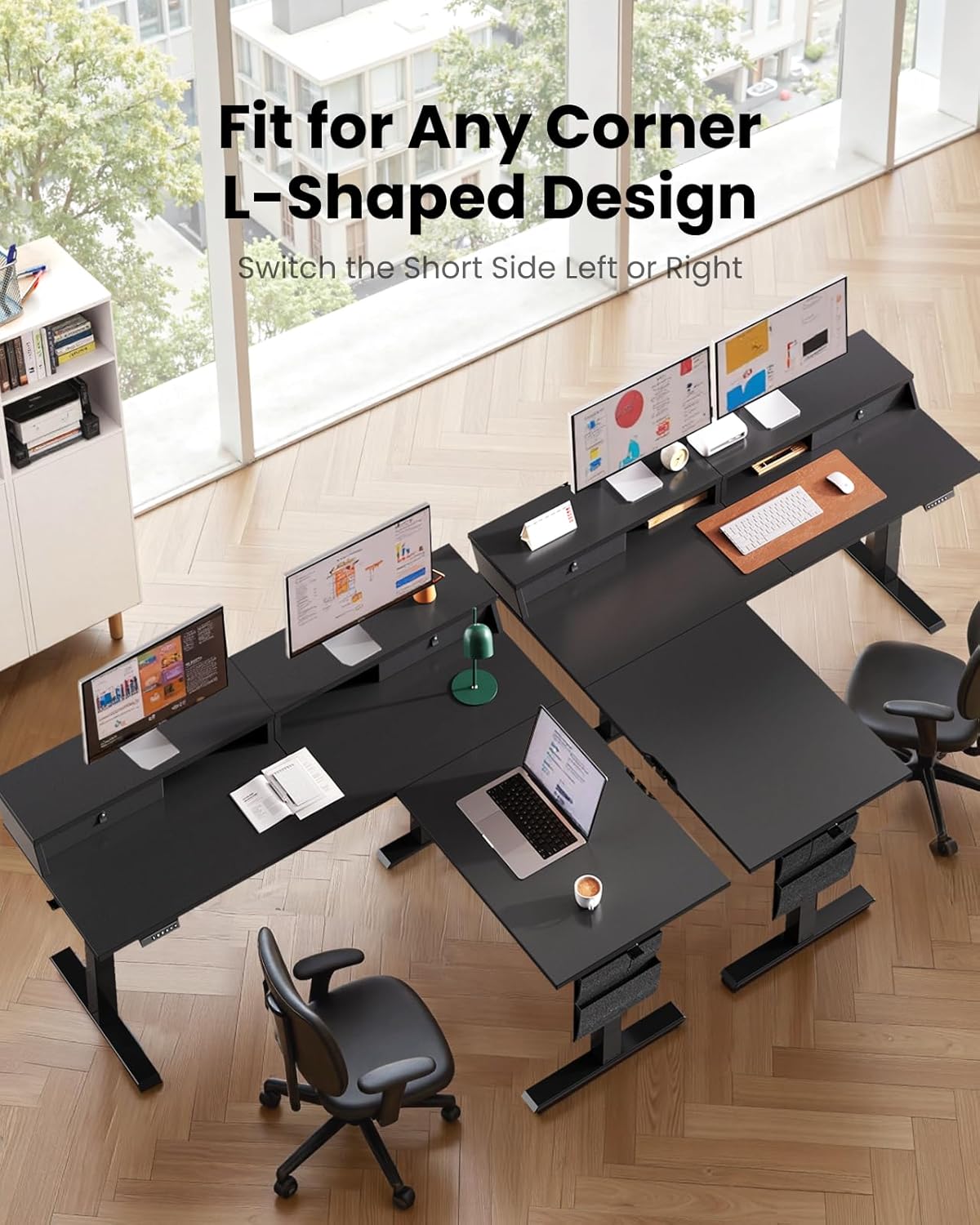 ErGear L Shaped Electric Standing Desk, 63" Ergonomic Corner Height Adjustable Desk with Drawers, Sit Stand Computer Table with Storage for Work Office Home, Black