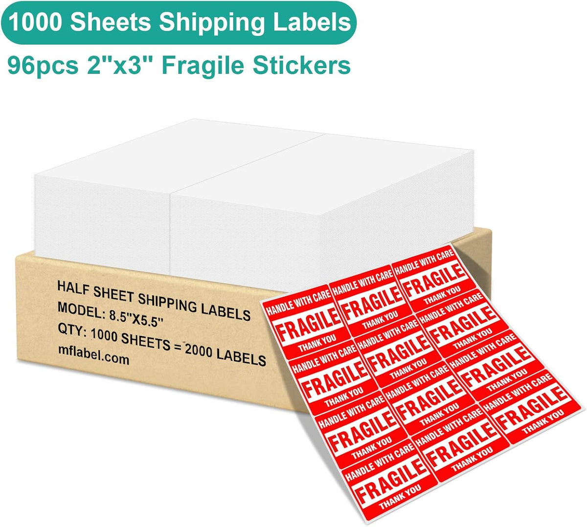 MFLABEL Half Sheet Shipping Labels - 1000 Sheets (2000 Labels) 8.5" x 5.5" Self-Adhesive Address Labels for Laser & Inkjet Printers, Packaging Labels for Shipping Includes Free Fragile Stickers