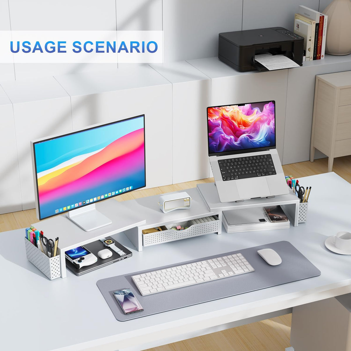 gianotter Dual Monitor Stand Riser, Desk Organizer With Drawer and 2 Pen Holders, Monitor Stand for Desk, Office Decor Essentials (White)
