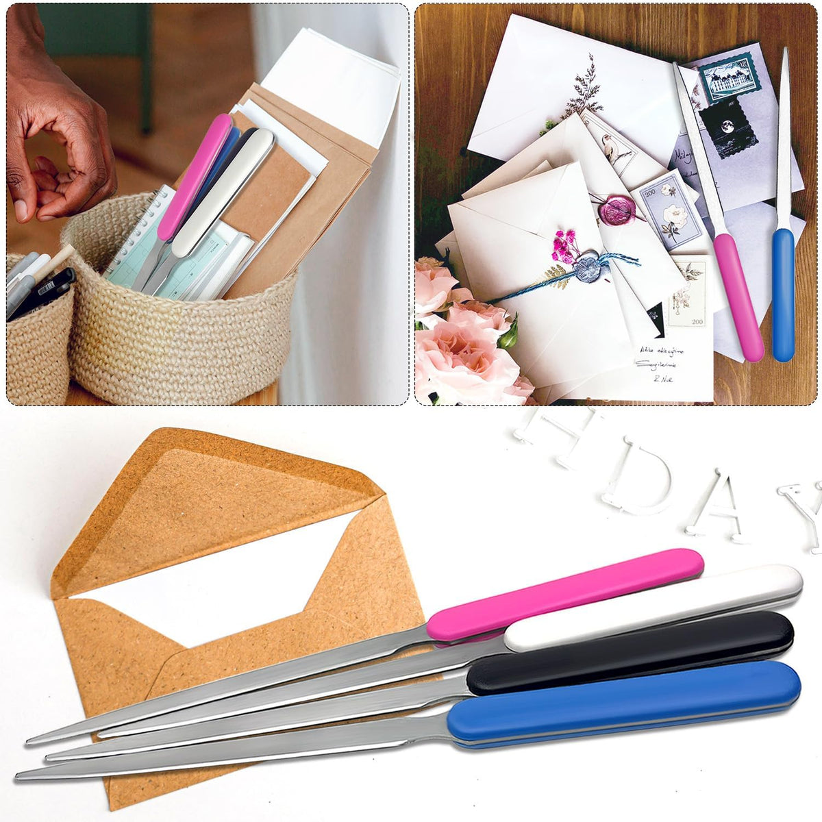 4 Pack Office Letter Opener, Stainless Steel Knife-Edge Blade Envelope Openers, Lightweight Mail Slitter with Ergonomic Grip Handle for Home and Office Use, Mixed Colors