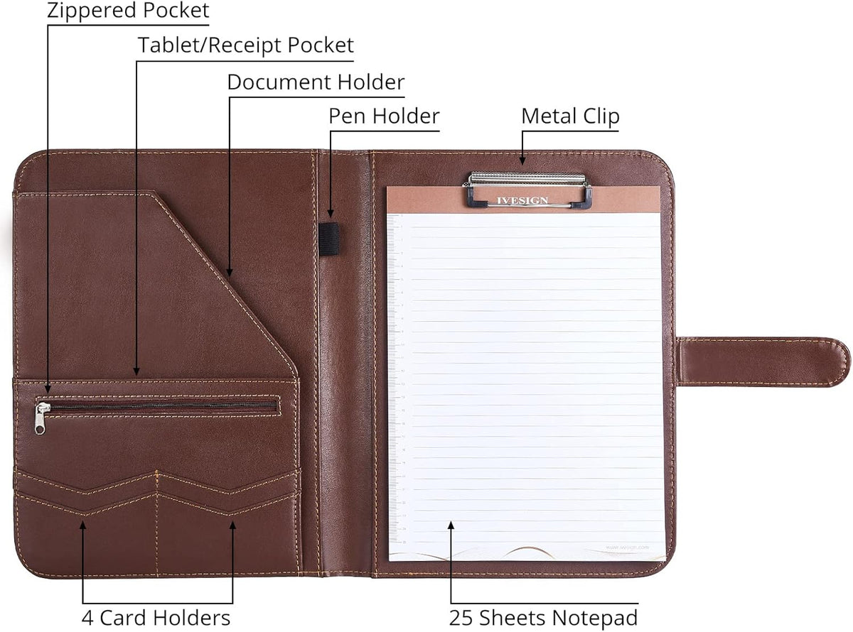 IVESIGN Leather Portfolio Notebook with Folder, Storage Clipboard with Cover for Legal Pad Holder Letter Size A4 Writing Pad for Business School Office Resume Conference Notepad Clip Boards (Brown)