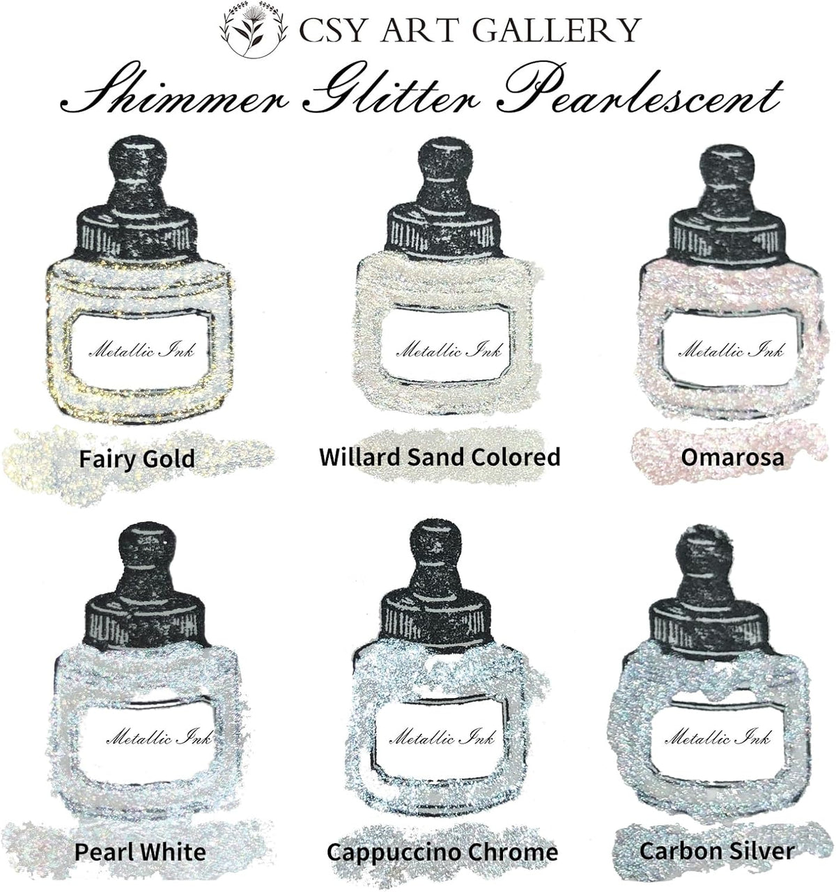 CSY art gallery Metallic -Pearlescent-Glitter Acrylic Ink -Shining Calligraphy Paint -Silver, Rose Gold Rich Pigments Perfect for Artists, Canvas, Rocks, Wood, Fabric, Ceramic (Galaxy Starlight Set)