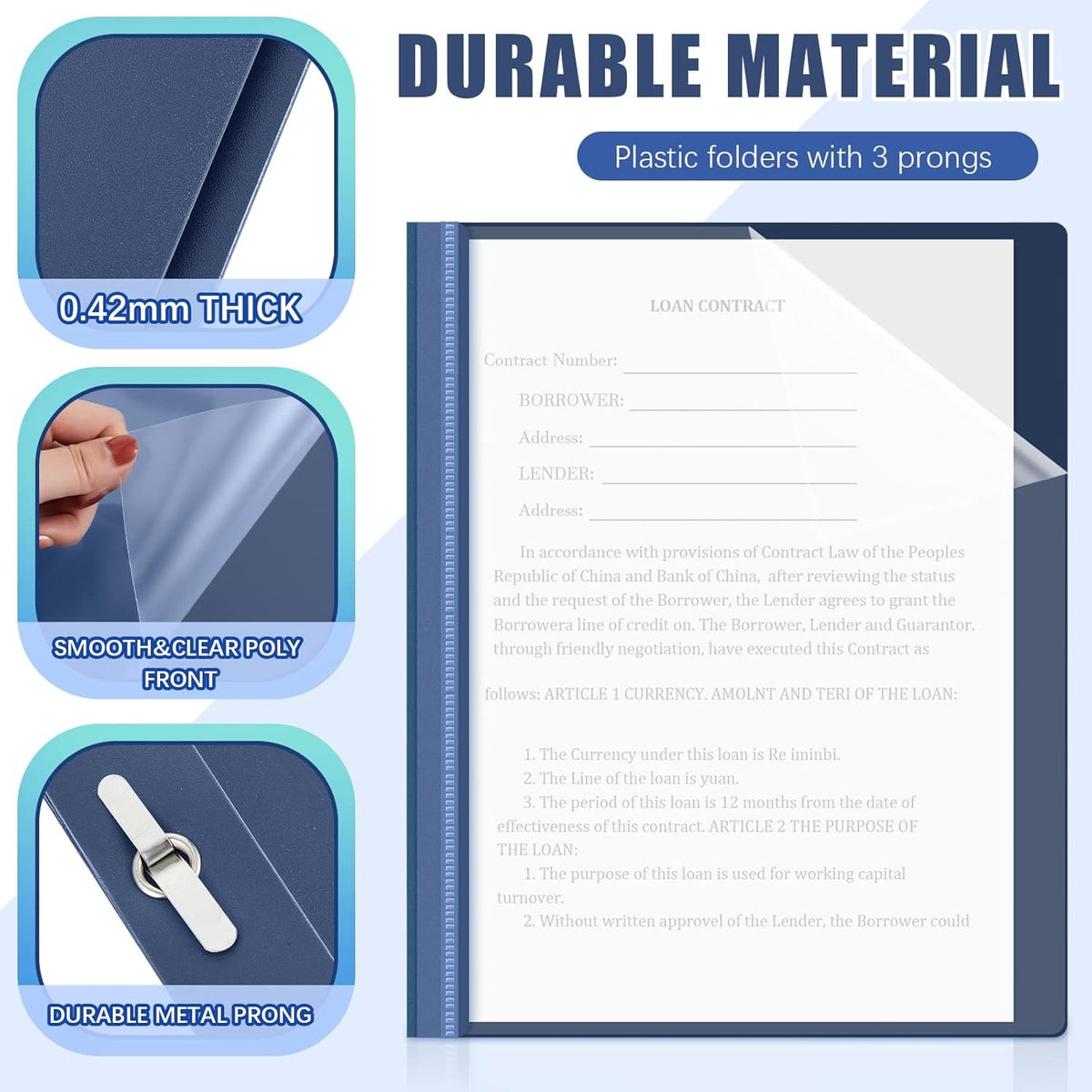 Teling 48 Pcs Clear Front Report Covers with Prongs Plastic Presentation Folders 3 Prong Resume Portfolio Folder for School(Navy Blue)