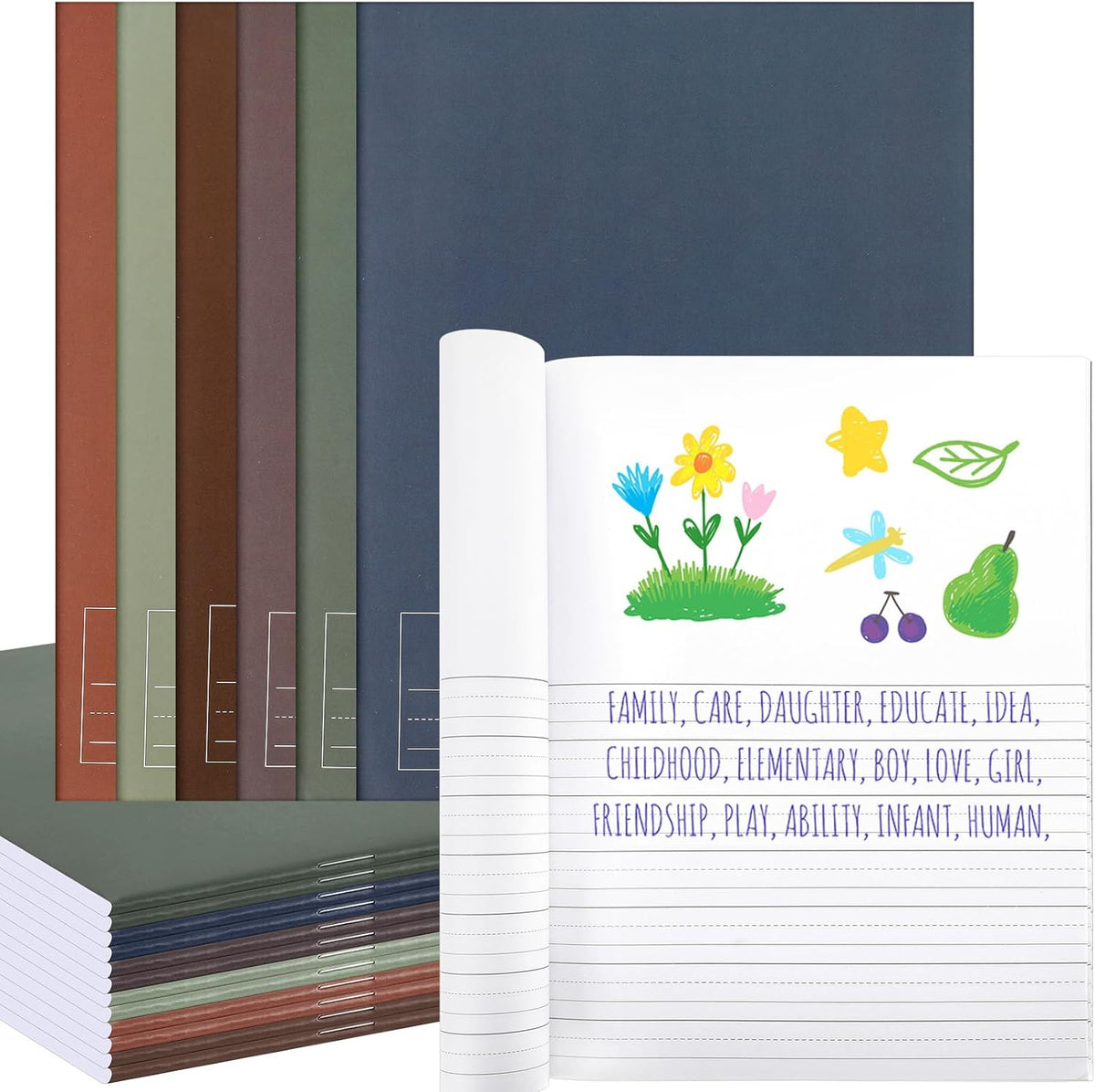 Henoyso 12 Pcs Primary Composition Notebook K-2 9 3/4 x 7 1/2 Inch Primary Journal, Back to School Supplies, Bulk Blank Writing Book for Kid to Write Draw Journal 60 Page Notebooks (Boho Color)
