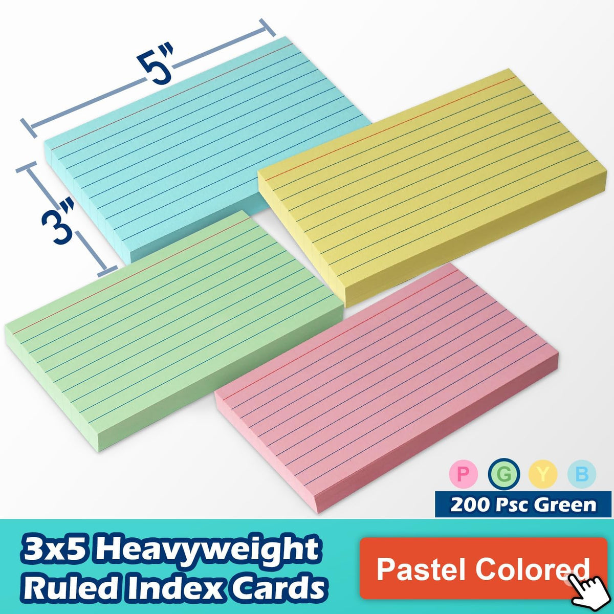 Green Lined Index Cards 3x5 Ruled Note Cards 200 Count, 180 GSM Heavy Weight