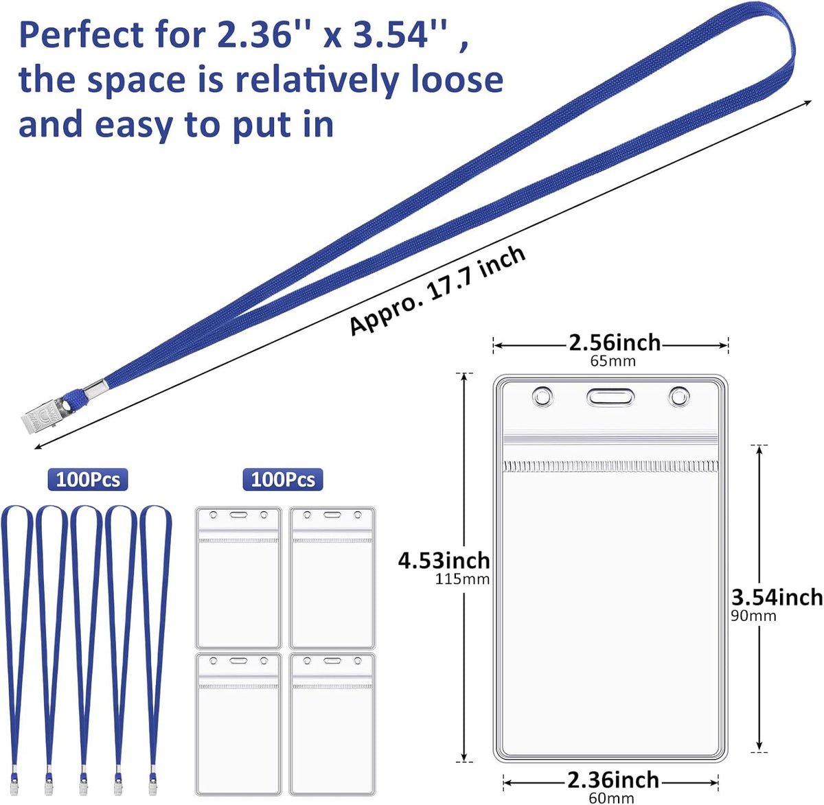 Marspark 200 Pcs Name Tag Lanyards with ID Holder Lanyards for ID Badges Resealable Flat Neck Name Tag with Clip Waterproof Plastic Clear Badges Bulk for School Office Supplies (Blue)