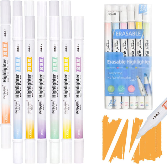Erasable Highlighters Chisel Tip,Double Head for Highlighting and Erasing,No Bleed Highlighter for bibles, Smooth Writing for Highlighting and Marking,Assorted Colors, 12 Count(EH-01)