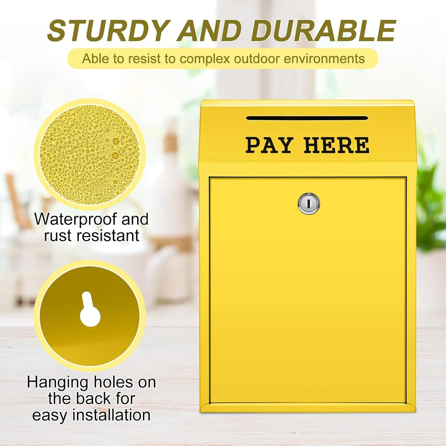 Safe Cash Box Money Collection Metal Donation Box with Lock Wall Mount Pre Drilled Mailbox Delivery Ballot for Home Office Outdoor Self Serve Stand(Yellow,11.8 x 8.6 x 4.7 Inch)