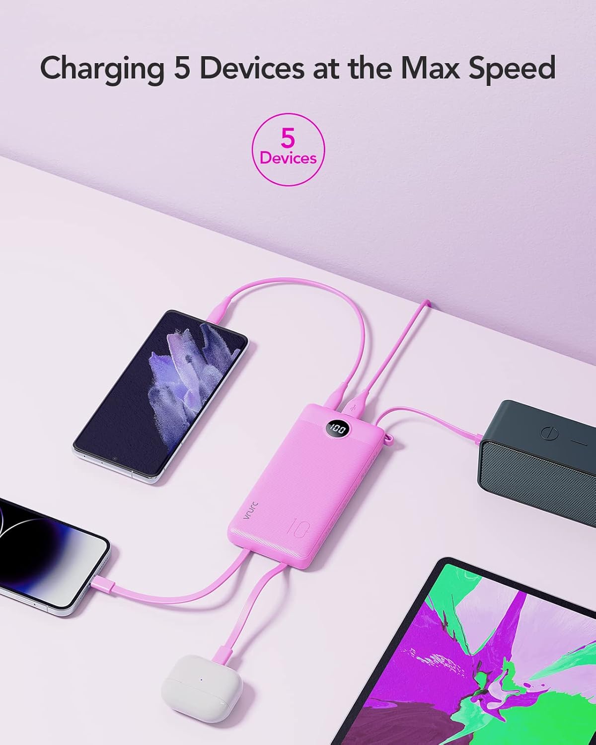 VRURC Portable Charger 10000mAh, Travel Essentials Battery Pack, 5 Output 2 Input Power Bank, Built-in Micro & USB C Cables Phone Charger Compatible with iPhone,Samsung,Android-Purple(1 Pack)