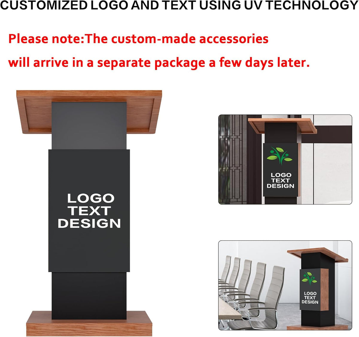 Customizable Logo & Text Podium Stand,Wood Lectern with Lockable Wheels,15MM Particle Board,Church Pulpit with Storage, Mic Stand Space,Wooden Podium for Seminars and Schools (Customized B)
