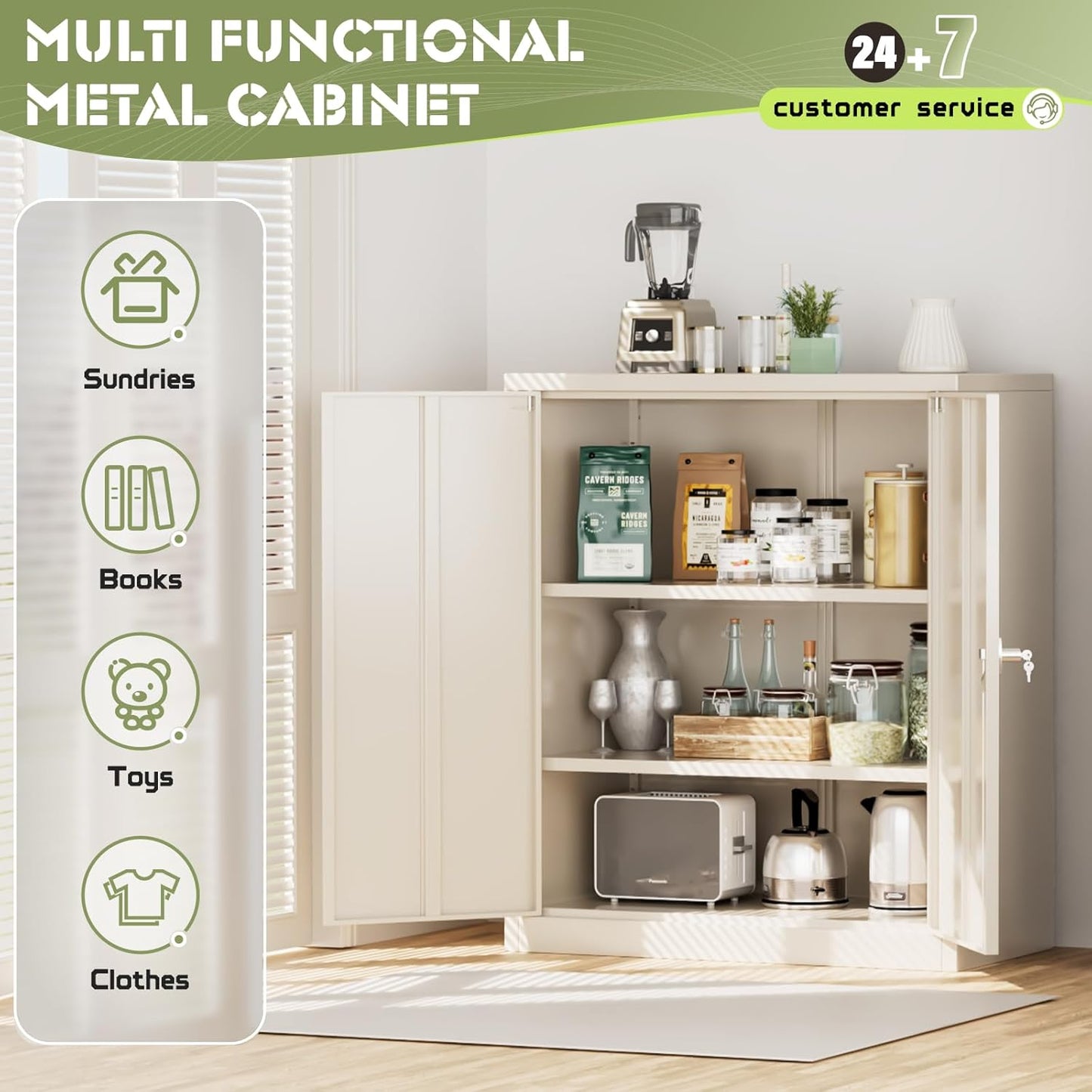 SUNCROWN Metal Storage Cabinets, 36”Locking Cabinet with Doors and Adjustable Shelves, Steel Utility Tool Garage Cabinets for Home, Office, Kitchen, Warehouse,Warm Grey
