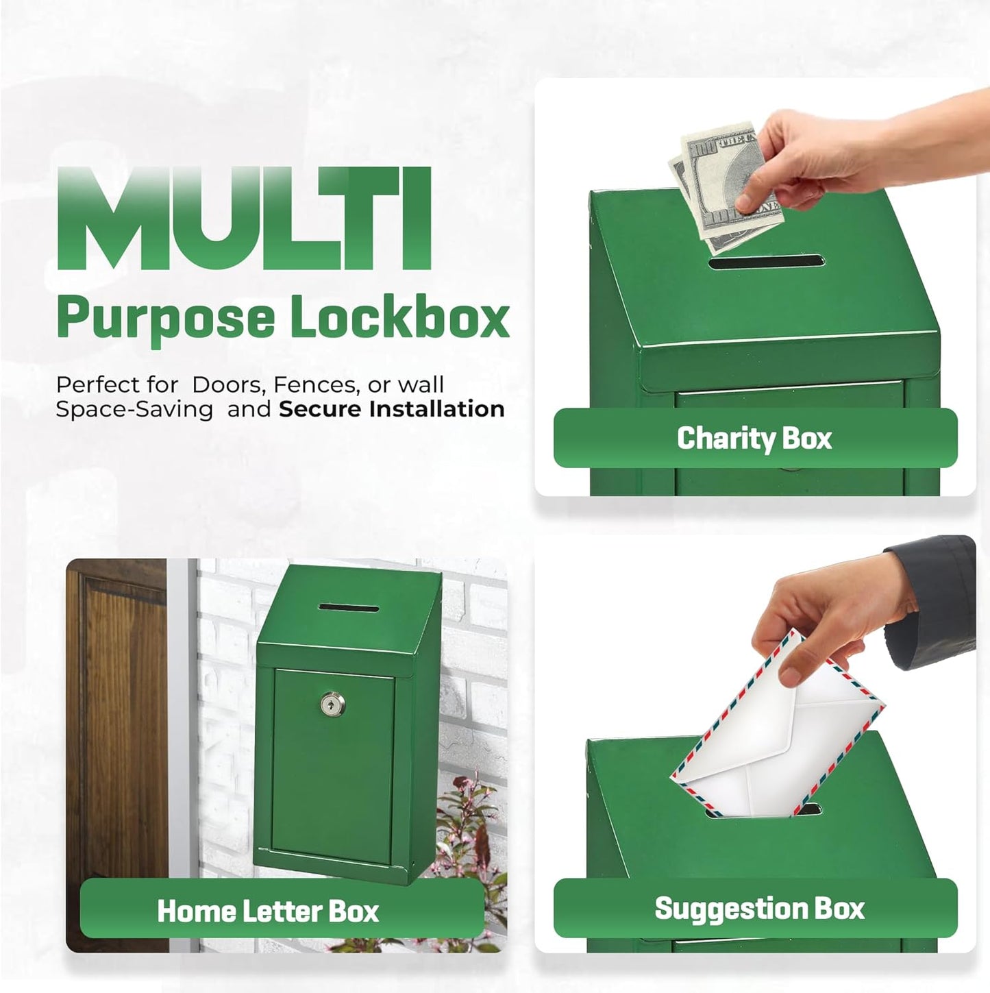 Metal Donation Box-Suggestion Box with Slot and lock-Cash Lock box for Money-Secure Drop Box-Comment and ballot voting box-comes with pre-drilled holes for easy wall mounting 10 X 6 X 2.5"(Green)