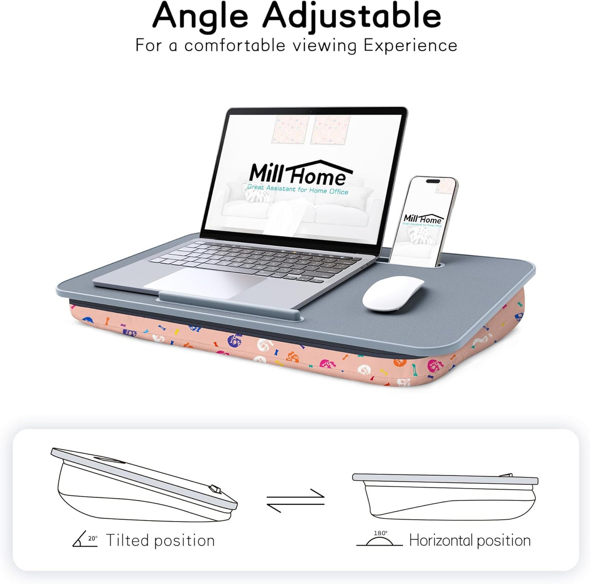 Lap Desk | Portable Laptop Desk – Fits Up to 17.3" Laptops – Detachable & Washable Cushion, Phone Holder, Device Ledge – for Writing, Working, Reading on Bed, Couch, Sofa, Floor – Millhome -Peach Pink