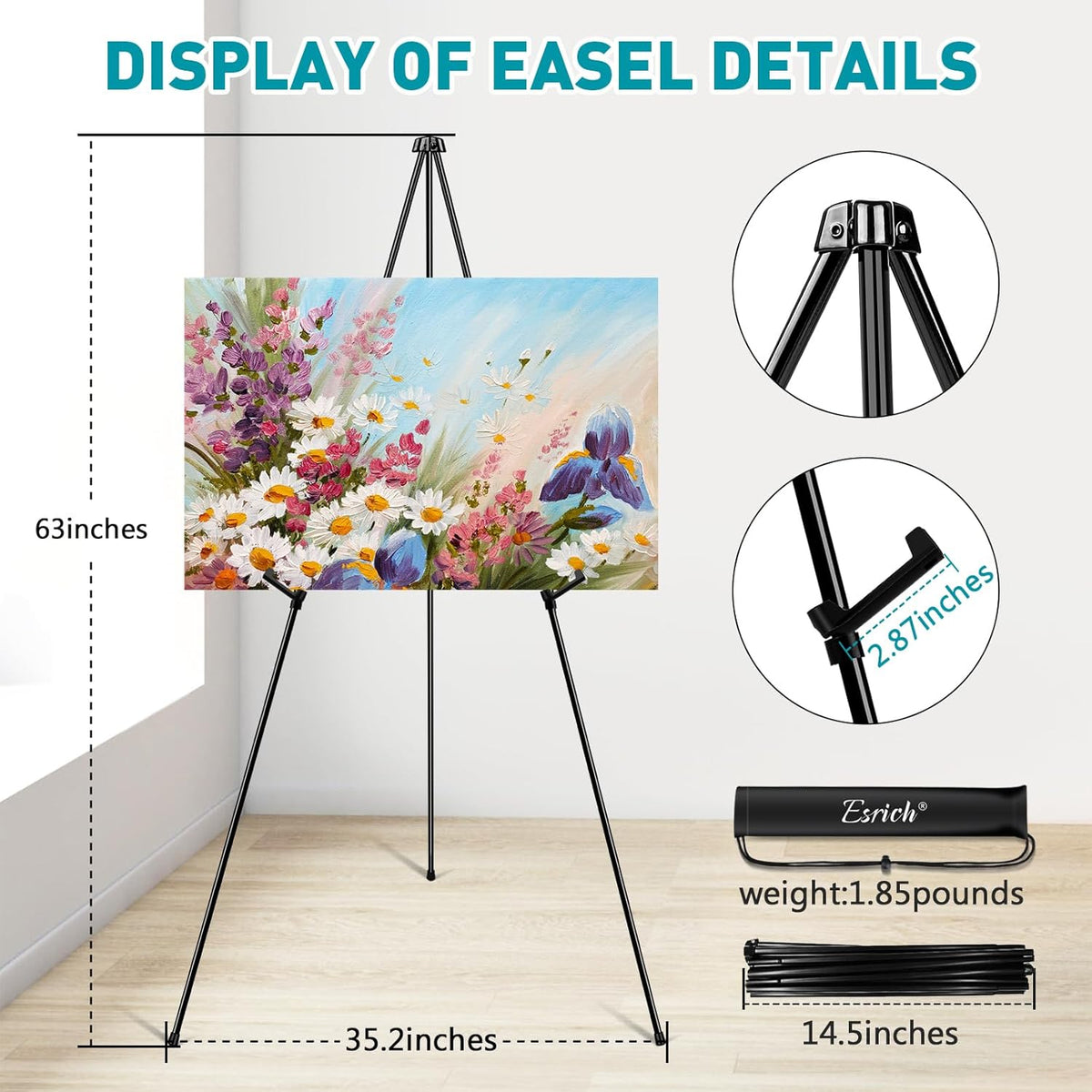 ESRICH 63" Display Easel Stand for Wedding Sign, Portable Foldable Metal Easel, Lightweight Metal Easels for Signs Wedding Logos,Arts, Painting,Adjustable Floor Easels with Storage Bag (16Pack)