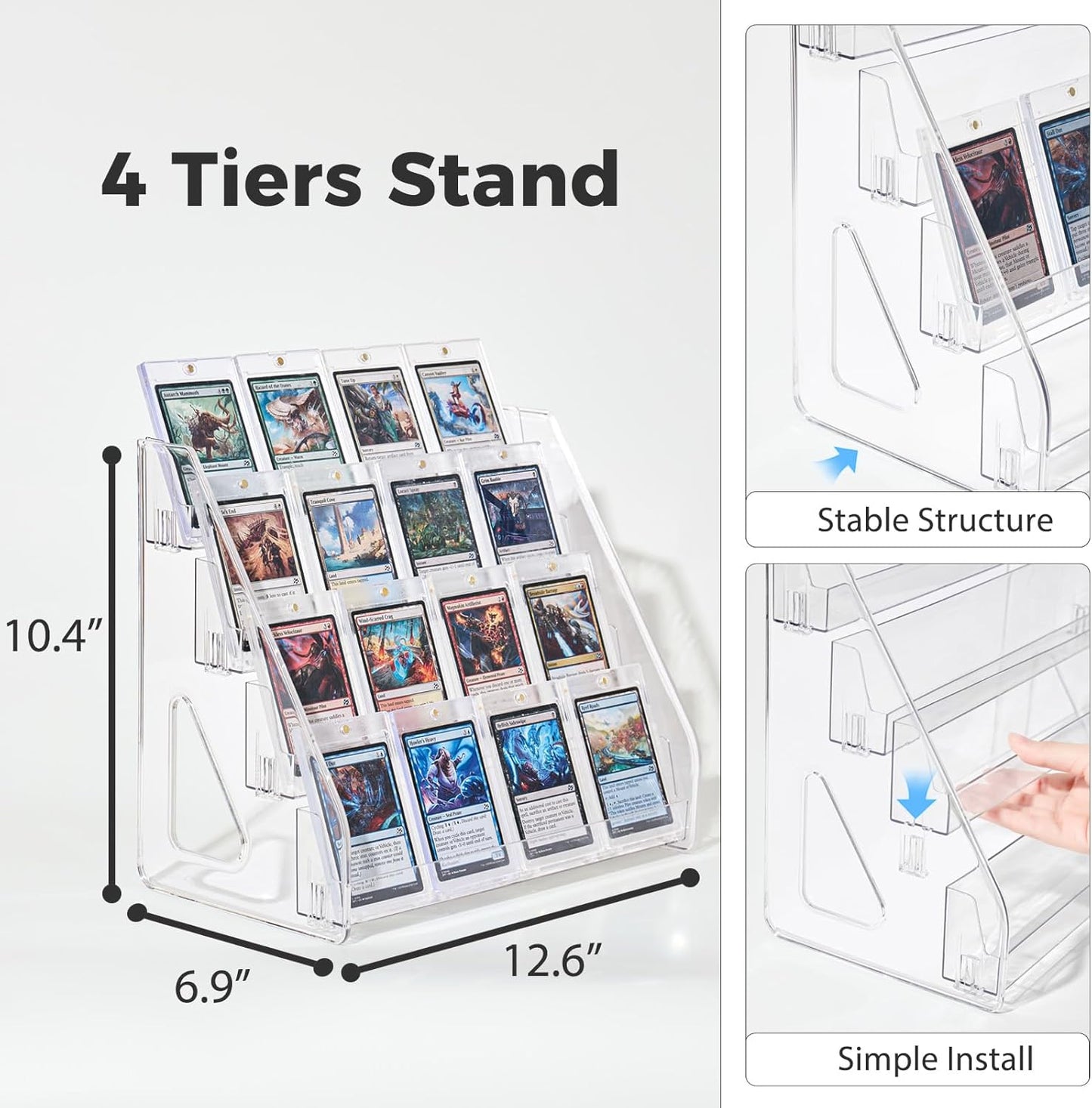 4 Tier Acrylic Trading Card Display Stand, 12" Riser Display Shelf for Magnetic Holders, Toploaders, PSA Graded Cards, TCG Sports Card Collection (2 Pack)