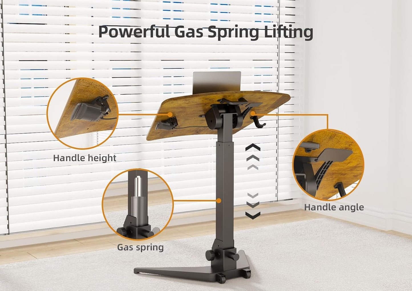 Claiks Mobile Standing Desk, Portable Rolling Sit-Stand Desk with Wheels, Height-Adjustable with 90 Tiltable Top, Foldable Computer Stand, Rustic Brown