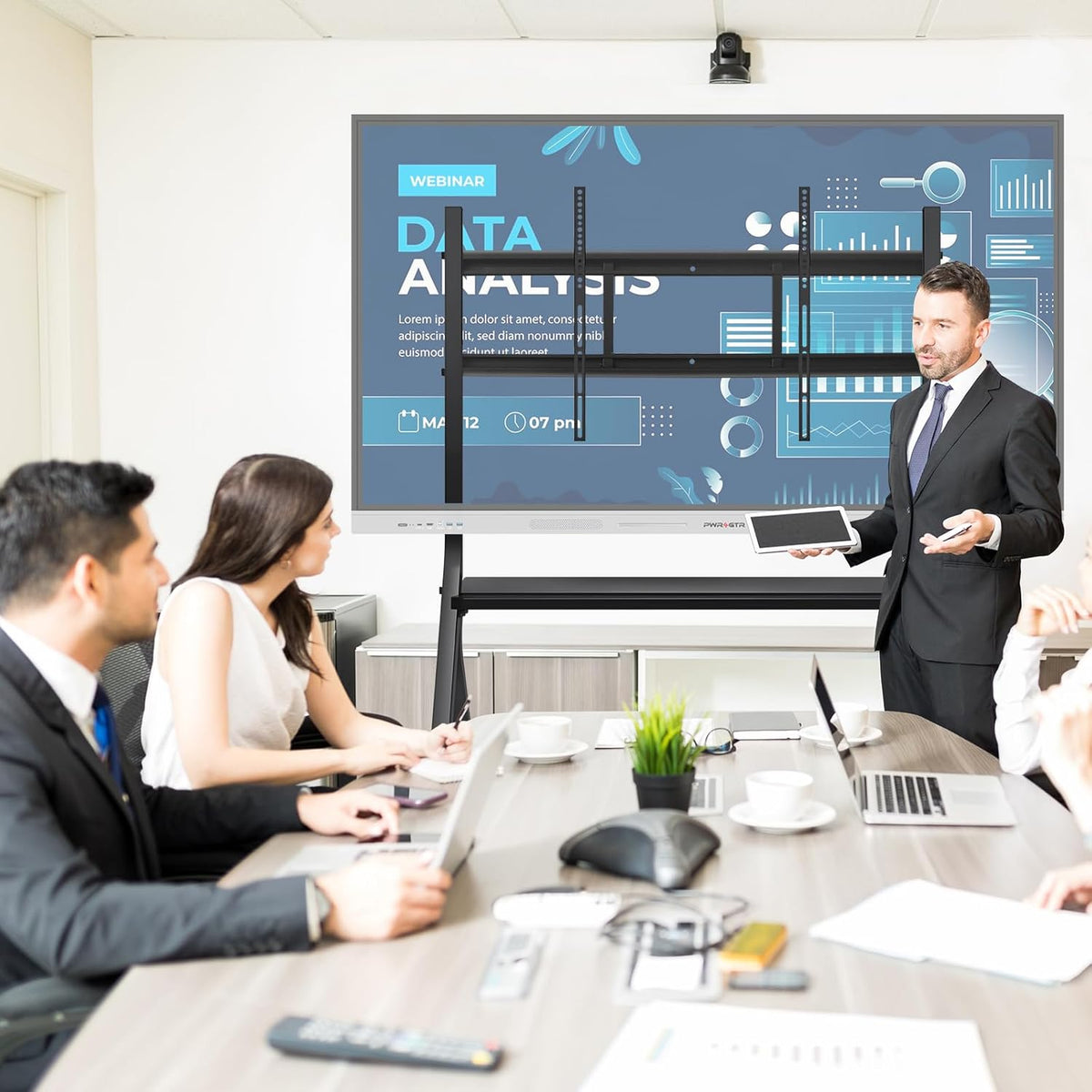 Interactive Whiteboard Portable Stand for 55"-86" Smart Board, Four Lockable Wheels, Sleek Design for The Modern Office or Classroom
