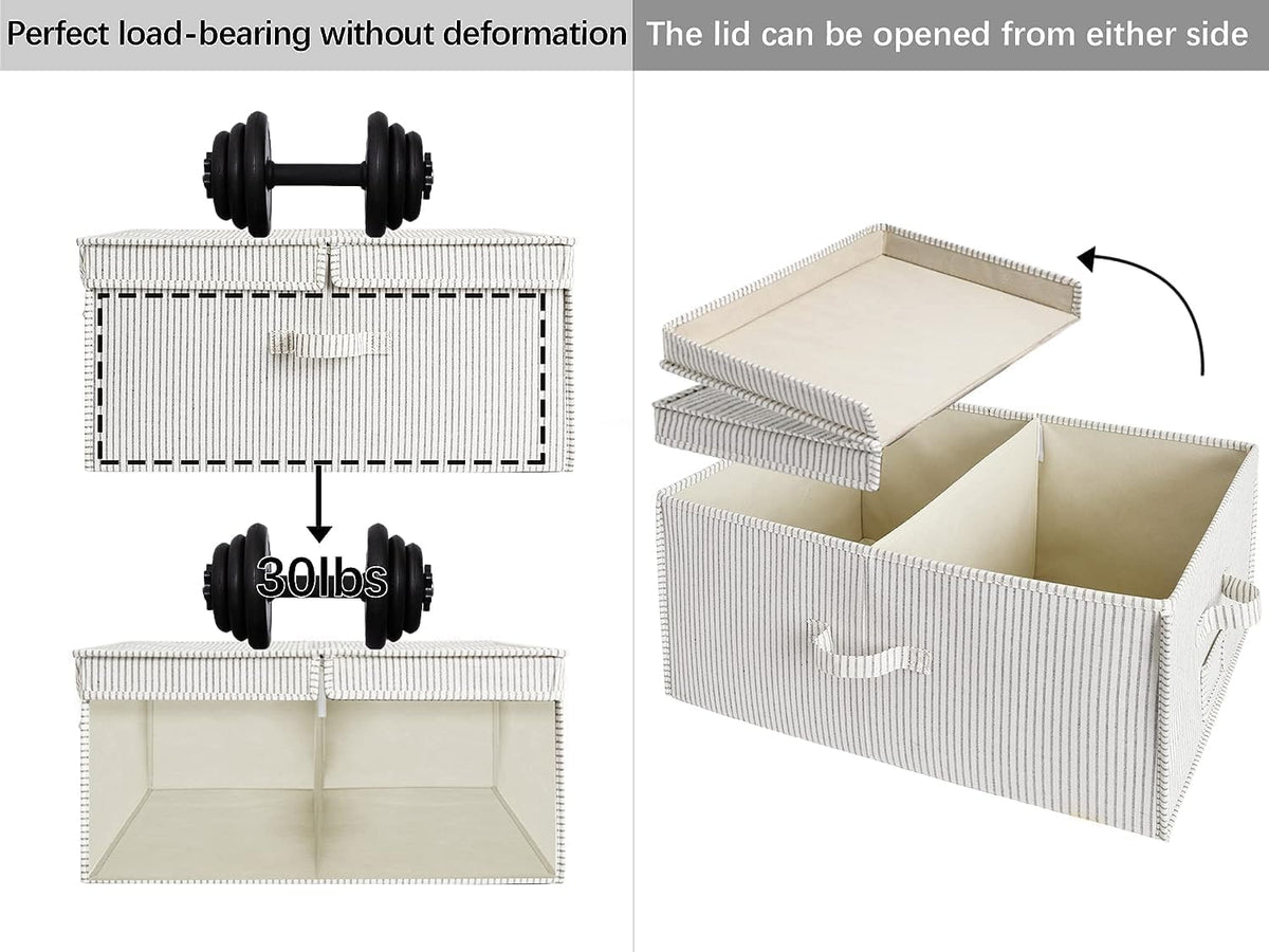 StorageWorks Extra Large Storage Bins with Lids, 55L Decorative Organizer with Divider Board, Fabric Boxes with Handles, Khaki and Beige Stripes, 2-Pack