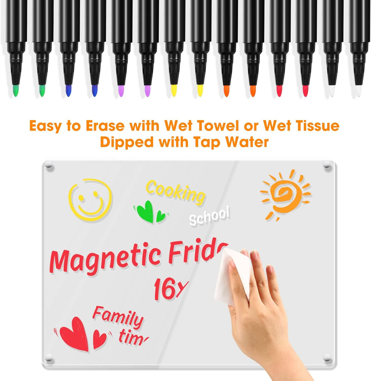 Liquid Chalk Markers for Acrylic Fridge Calendar Planning Board Clear Glass Dry Erase Board Refrigerator Whiteboard for Window/Mirror, 14 Pack, 7 Vibrant Colors, 1mm Fine Points, Easy Wet Erase