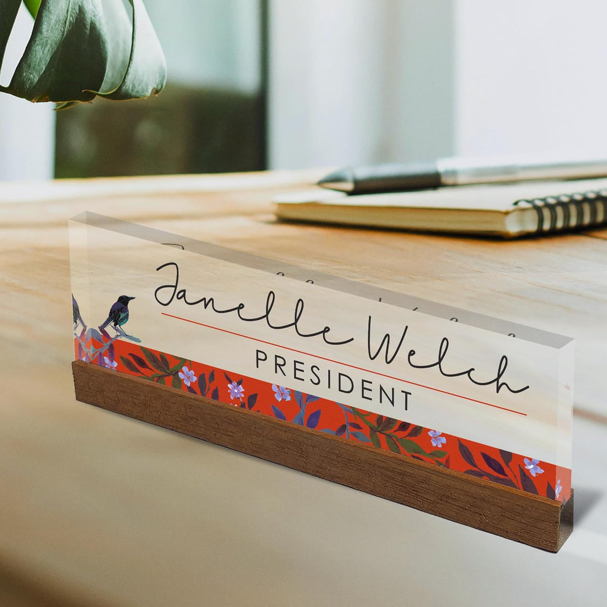Artblox Personalized Office Desk Name Plate and Business Card Holder | Clear Acrylic Glass with Teak Wood Stand | Bird Singing Design Customized with Your Name and Credentials Office Desk Décor 8x2.5