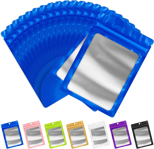 FUNFERY 100 Pack Mylar Resealable Bags Foil Packaging Bags with Clear Window,Zipper Pouch Smell Proof Bag for Food Storage,Cookies,Sample,Small Business(Blue,3x4.7inch)