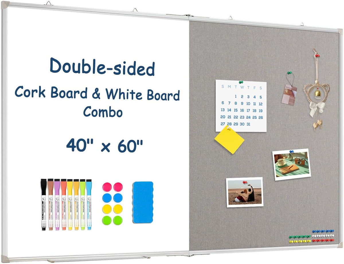 Large White Board Dry Erase Foldable Bulletin Board Combo, 60" x 40" Double Sided Dry Erase Board for Wall, Magnetic Whiteboard Bulletin Board with Linen for Office, Home, School, Kitchen -Gray