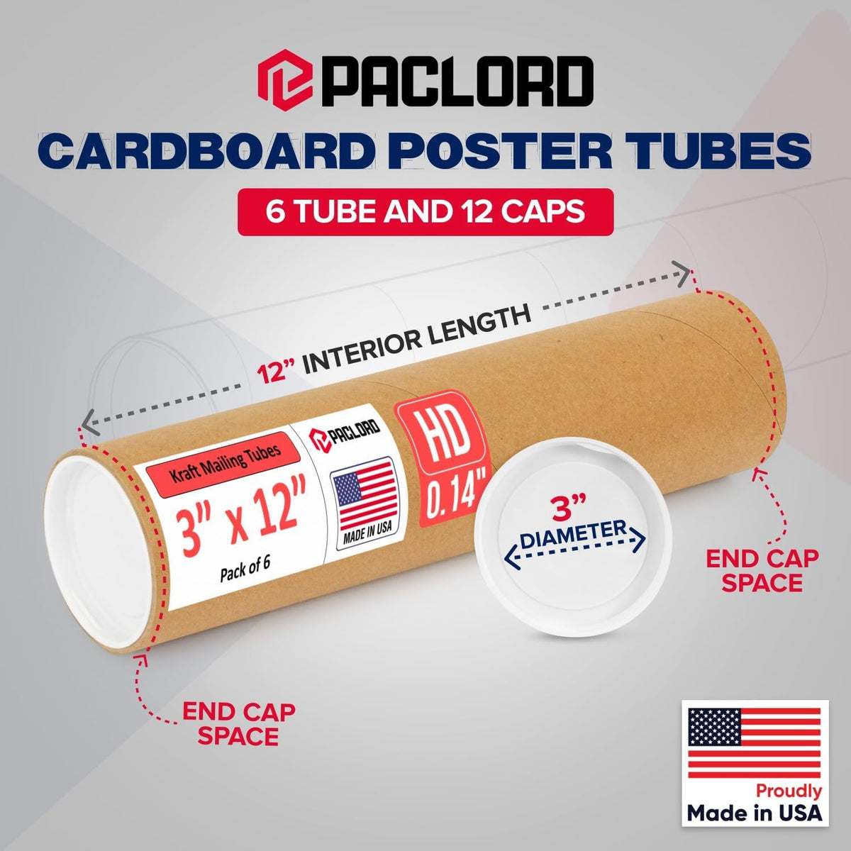 3" x 12" Heavy-Duty Reinforced Cardboard Mailing Tube, Pack of 6 Tubes with 12 Caps – Secure USPS Approved – Great for Shipping and Storing of Prints, Artwork, Posters or Documents