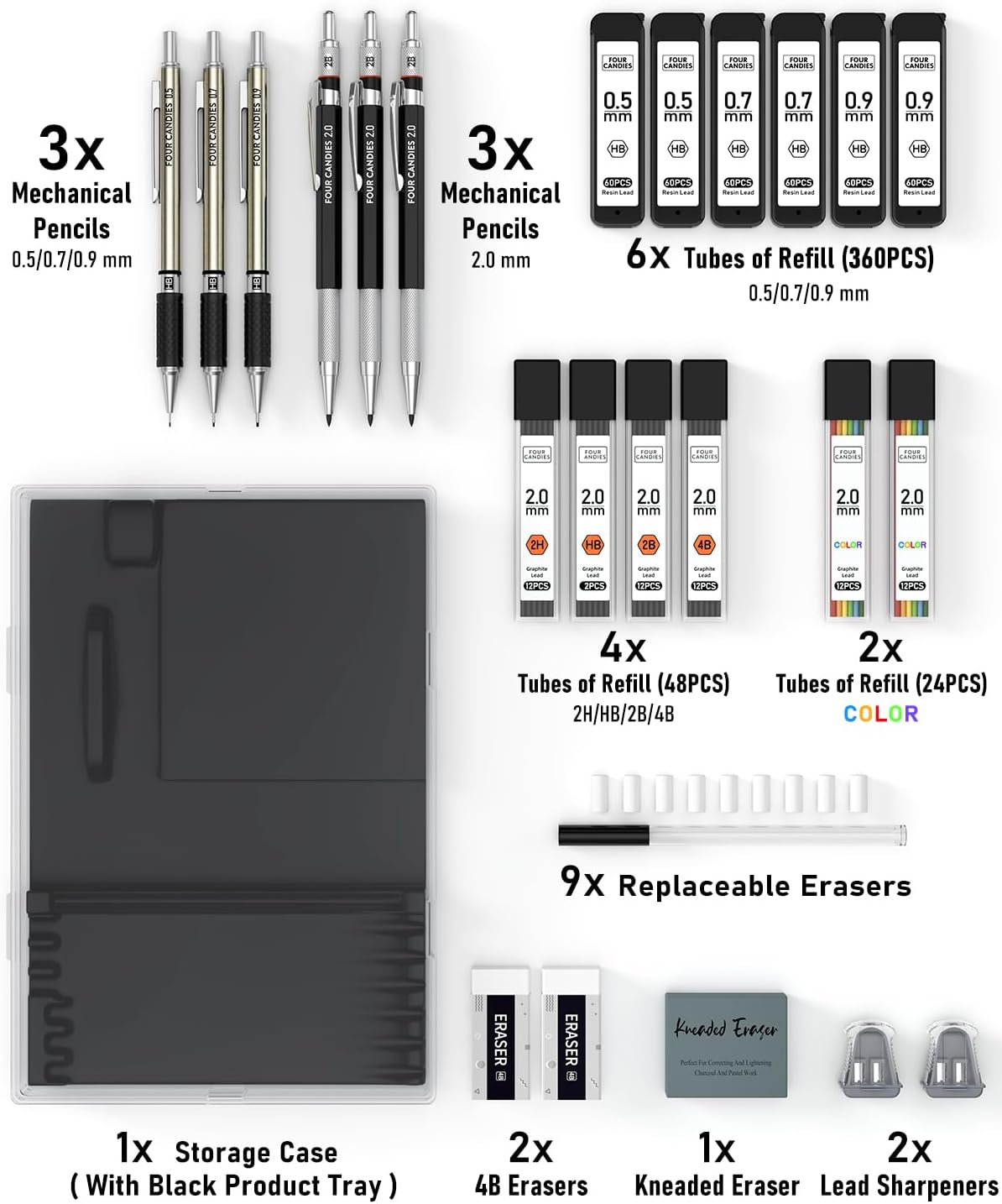 Four Candies 25PCS Art Mechanical Pencil Set with Case, 3PCS Metal Artist Lead Pencil 0.5, 0.7, 0.9 mm & 3PCS 2mm Holder (HB 2H 2B 4B Color) with 432PCS Graphite Lead Refills for Drawing Sketching