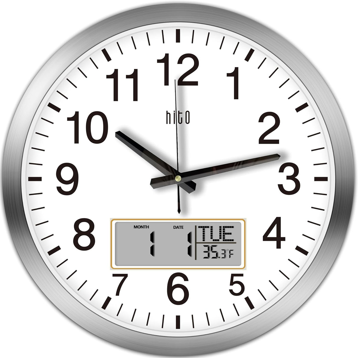 HITO 14 Inch Silent Wall Clock Battery Operated with Temperature and Date, Large Wall Clock for Living Room Decor, Office, Classroom, Bedroom