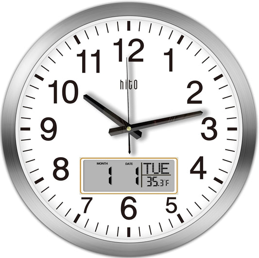 HITO 14 Inch Silent Wall Clock Battery Operated with Temperature and Date, Large Wall Clock for Living Room Decor, Office, Classroom, Bedroom