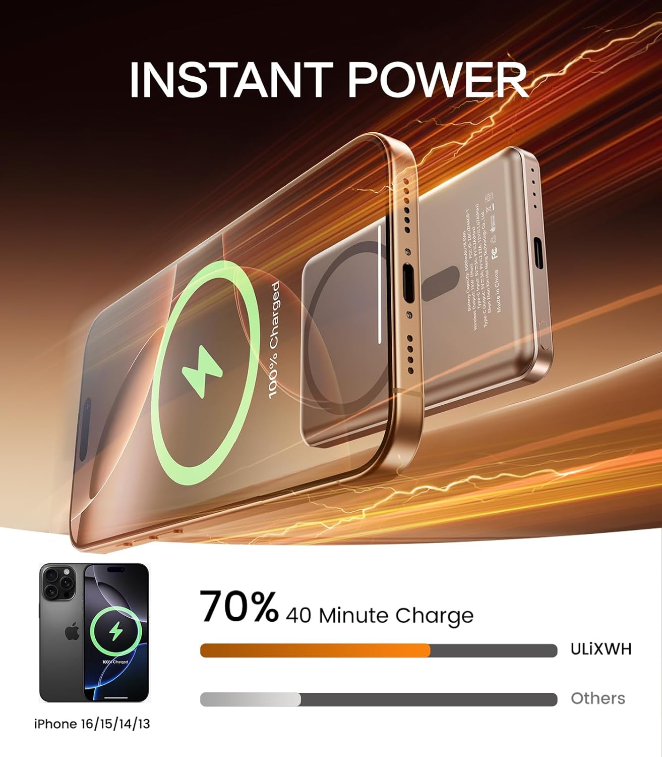 [0.3" Ultra Slim] [Alloy-Made] ULiXWH Magsafe Portable Charger for iPhone, 2025 Upgrade 5000mAh Fast Charging Magnetic Power Bank, Wireless Battery Pack for iPhone 17 Air 16 15 Pro Max 14, Desert Gold