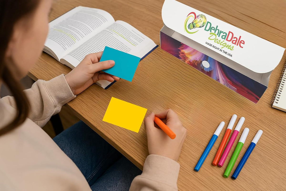 Debra Dale Designs Blank Flash Cards - Vibrant Flash Cards for Students, Color Coded Study Cards, Unruled Index Cards (Neon 2x3.5in, 65lb Cardstock, Reusable Box) [10 Colors, USA Made]