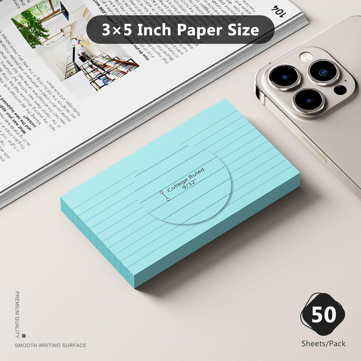 250 Count Index Cards 3 x 5 Inch, Heavyweight Blue Lined Note Cards Portable Ruled Flash Cards Perfect for Studying and Organizing, Note Taking Study Flashcards for Home, School and Office