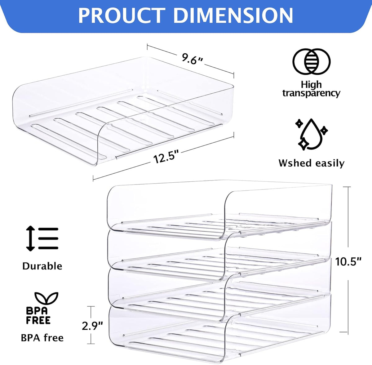 Set of 4 Office Organization and Storage, Clear PET Letter Tray Desk Organizer, Stackable Paper Tray Organizer for Desk Accessories, Notes, Pens, File Paper, Document