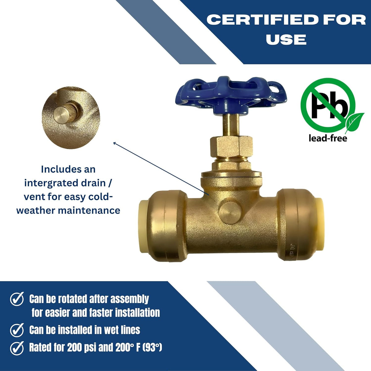 3/4 inch Push Fit Stop Valve with Drain and Vent, Push to Connect Brass Plumbing Fitting, Pex Pipe, Copper, CPVC, PE-RT, HDPE, 2-5-2=1, 1 Piece