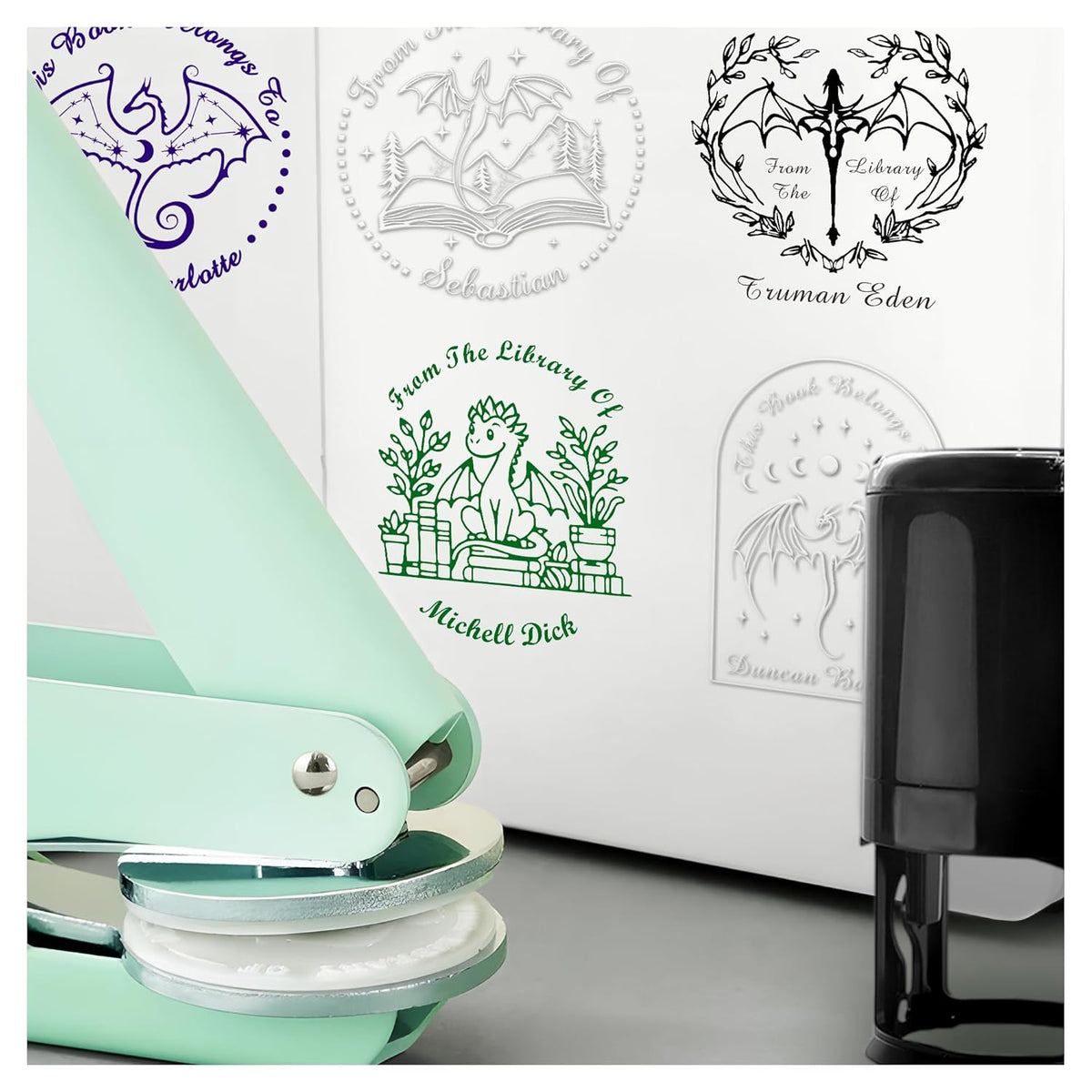 Customized Book Dragon Embosser Color Stamp with Your Name or Design Personalized Library Embosser Stamp Custom Books Business Cards Paper Documents Notebooks etc. (Dragon Theme - 003)