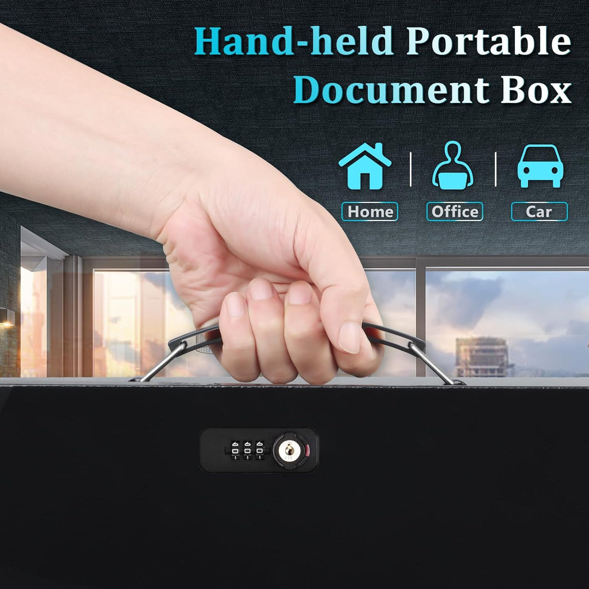 Dalmbox Portable Metal Safe Box with Dual Combination and Key Lock - Fire Resistant Storage for Documents, Car, Home and Outside - X Large 13.2"x 11"x 5.1" Black Box