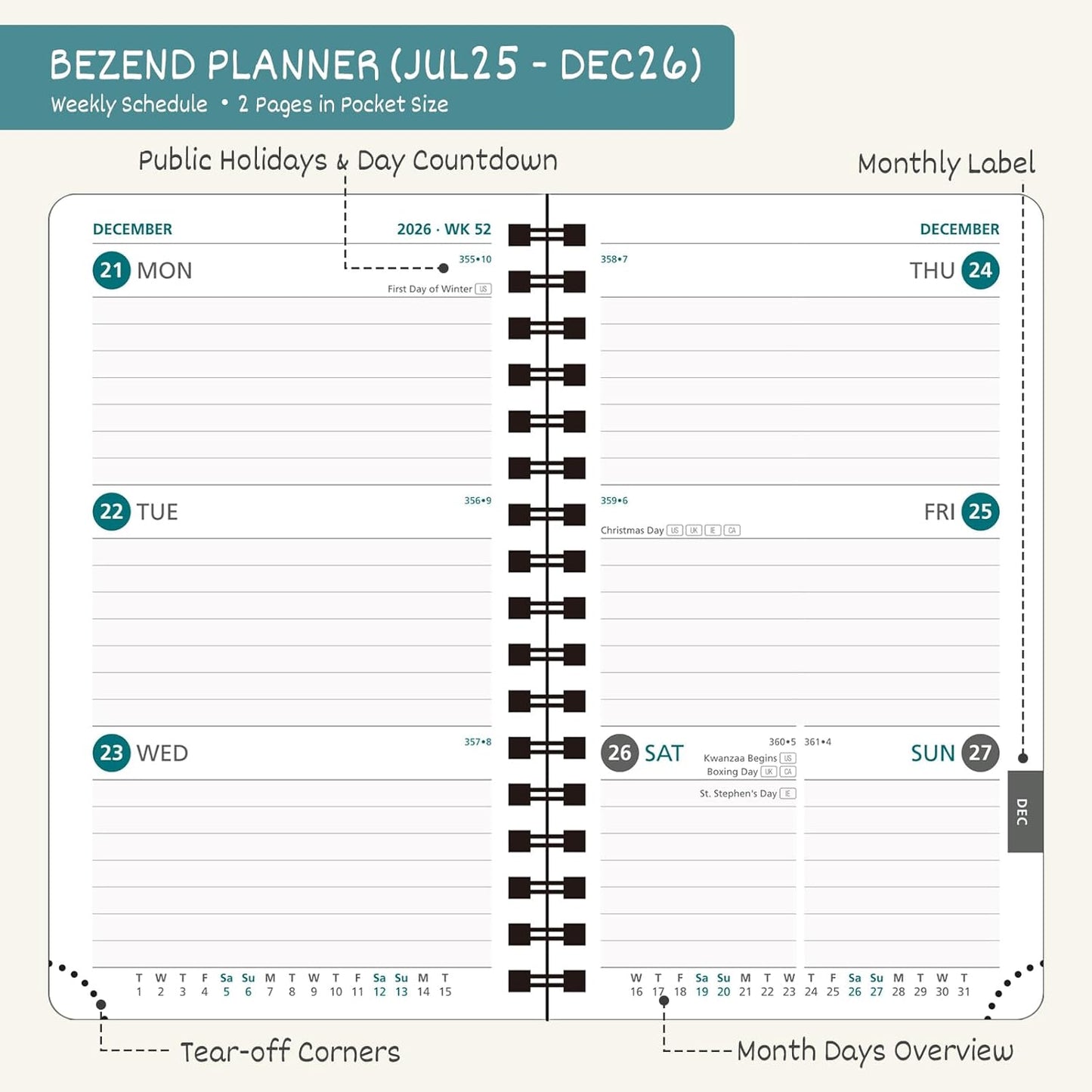 BEZEND Pocket Planner 2025-2026 Weekly and Monthly, 3.5" x 6" Academic Planner (Jul 25-Dec 26) 18-Month Mid-Year Calendar Book, Storage Pocket, Pen Holder, PU Leather Softcover, Spiral - Blueberry