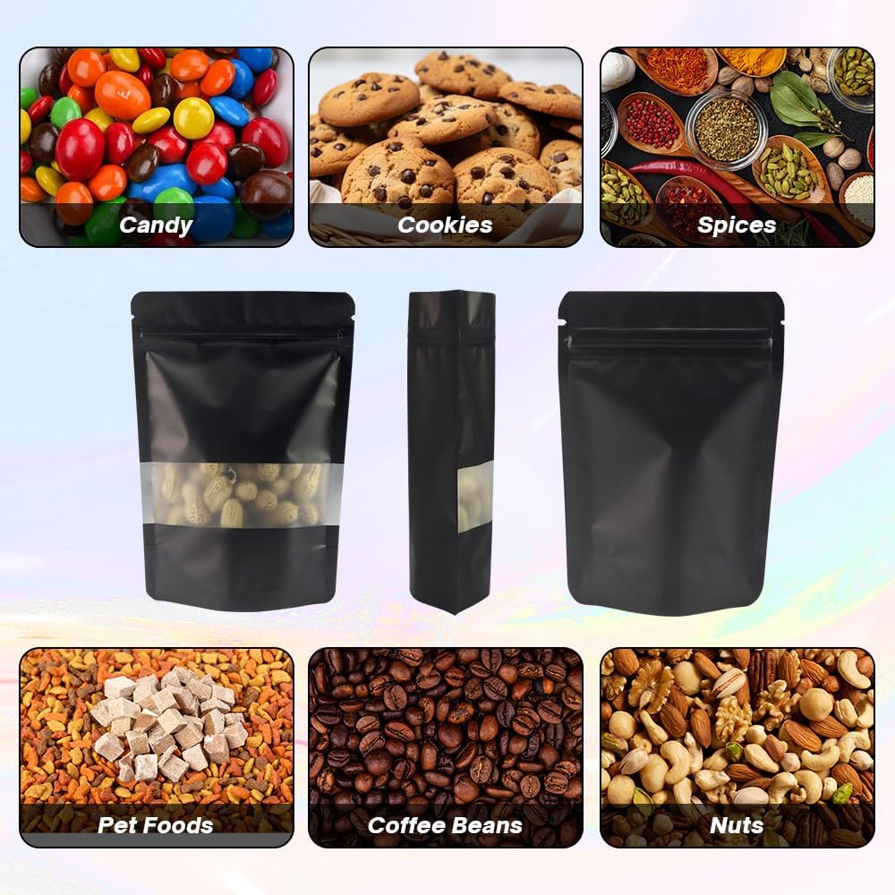 4CP 100 Pcs 4x6 Inch Zipper Smell Proof Bags with Window, Black Stand Up Foil Pouches for Food Selfsealing Storage, Reusable Bag for Packaging Small Business, Cookies, Nunt, Candy