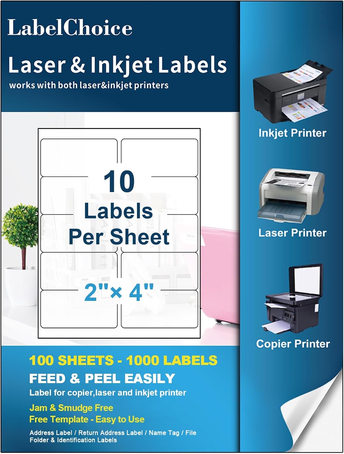 100 Sheets 1000 Pcs 2”x4” 10 Up Shipping Address Labels Compatible with Laser and Inkjet Printers, 2x4 10 Per Page Strong Adhesive Internet Mailing Shipping Labels
