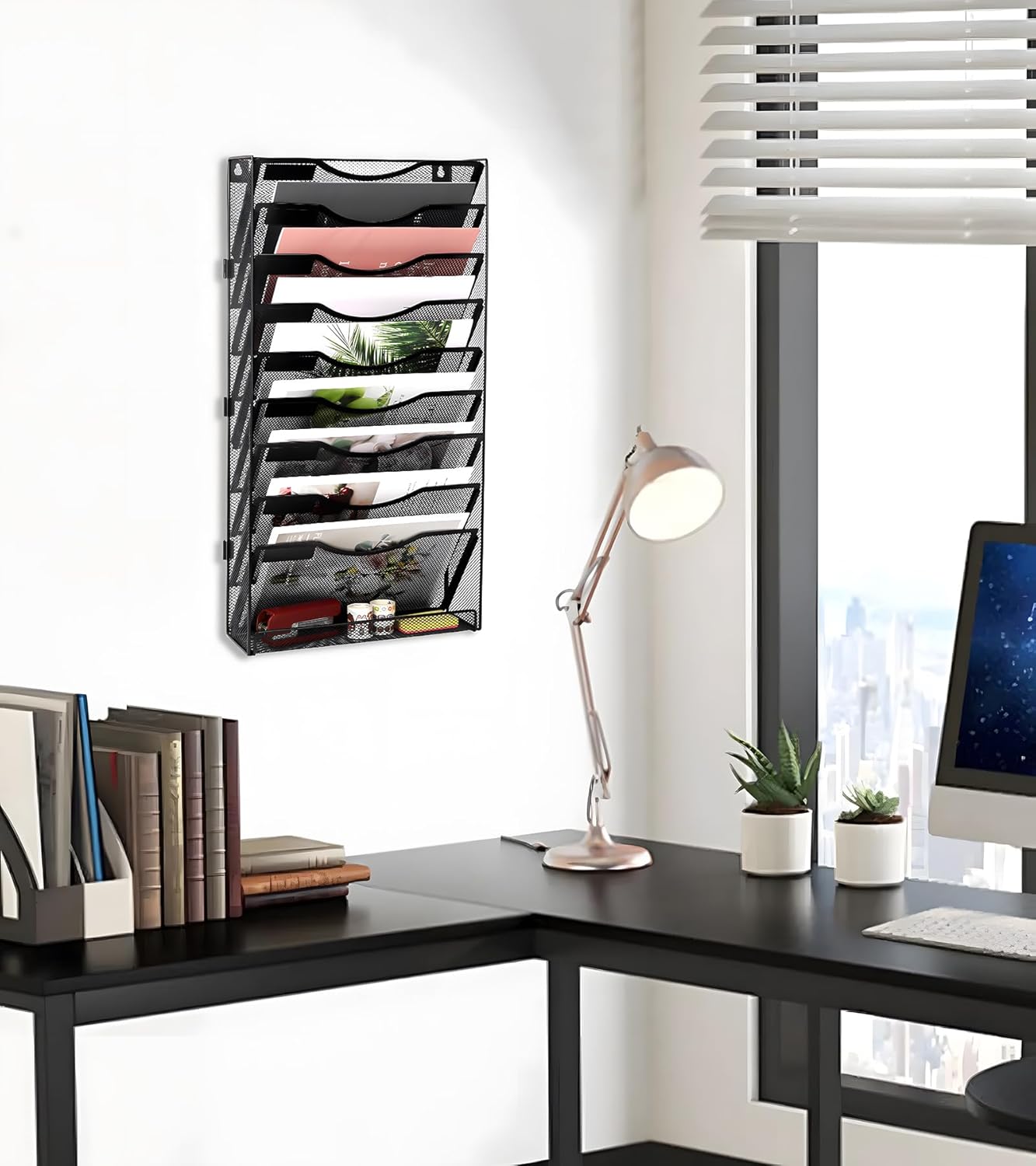 EasyPAG Wall File Holder Organizer 10 Tier Mesh Hanging Wall Mounted Document Paper Folder Filing Magazine Rack with Nametag Label for Office Home School, Black