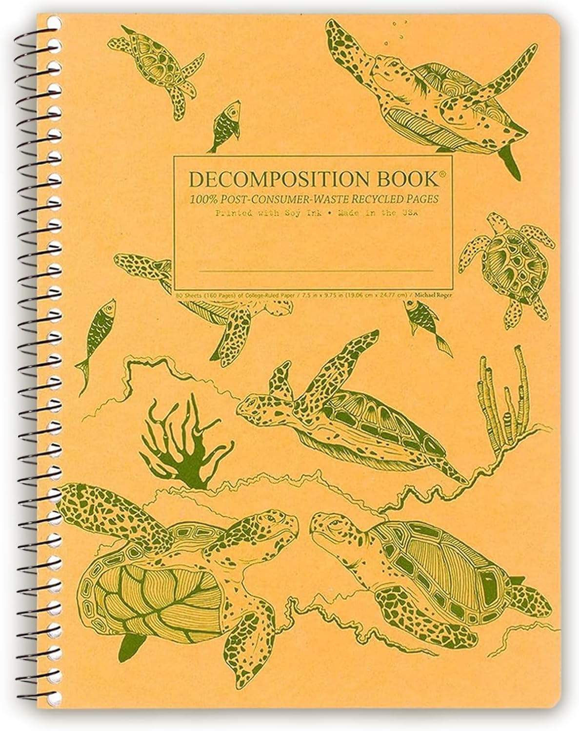 Decomposition Sea Turtles College Ruled Spiral Notebook - 9.75 x 7.5 Journal with 160 Lined Pages - 100% Recycled Paper - Cute Notebooks for School Supplies, Home & Office - Made in USA